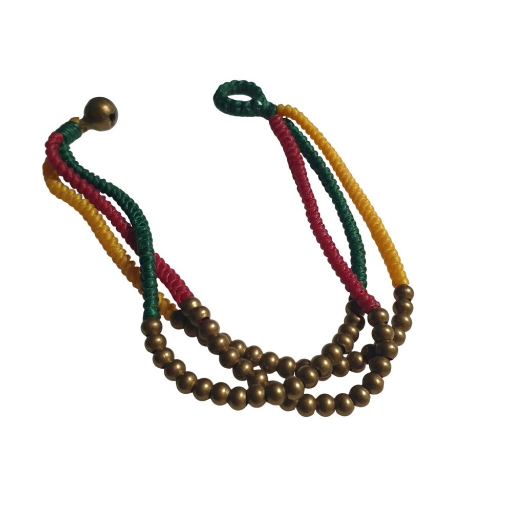 Rasta Colors Woven Rope Bracelet Multistrand Brass Bead Accents Green Red Yellow